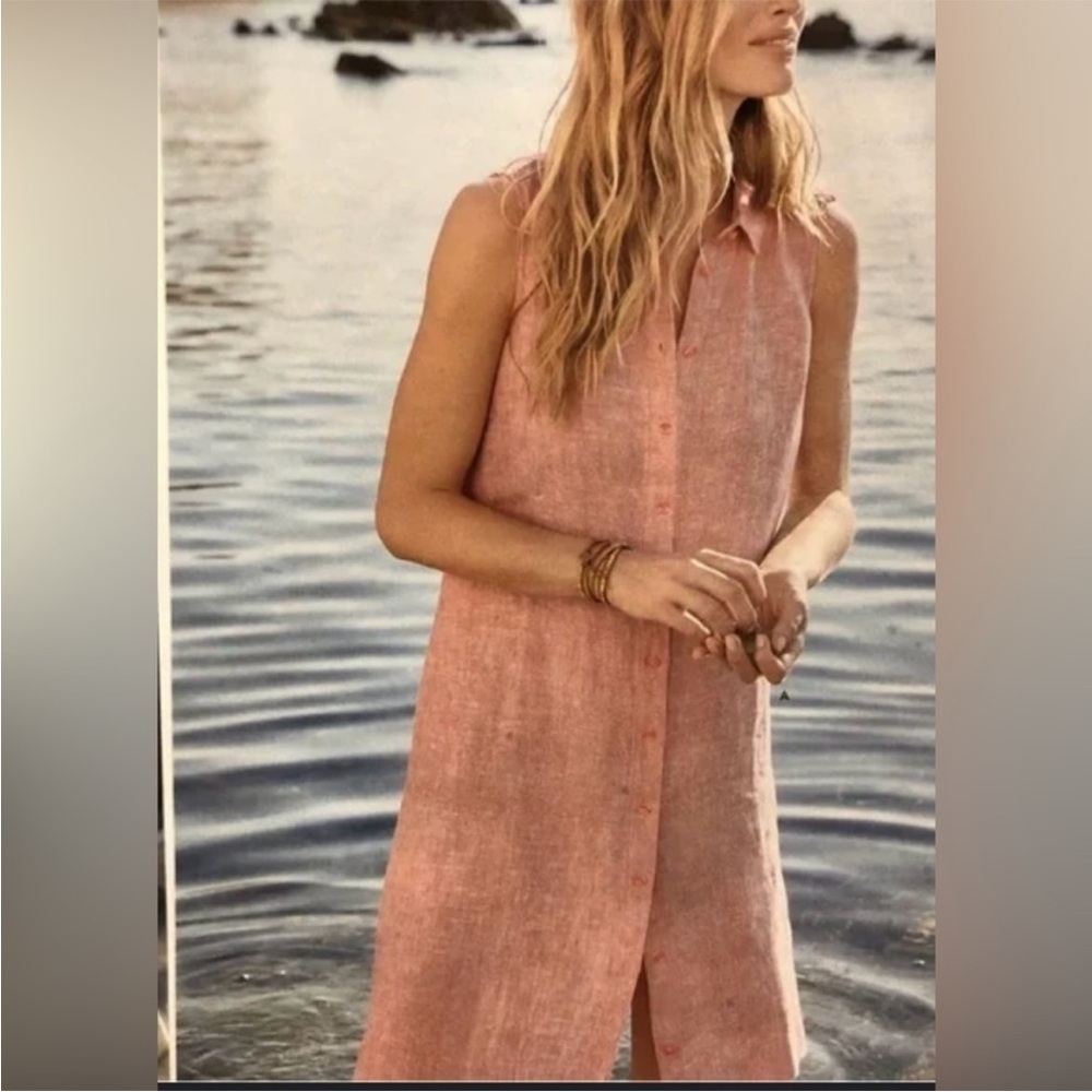 Garnet Hill Classic‎ Sleeveless 100% Linen Shirtdress Pink Coral